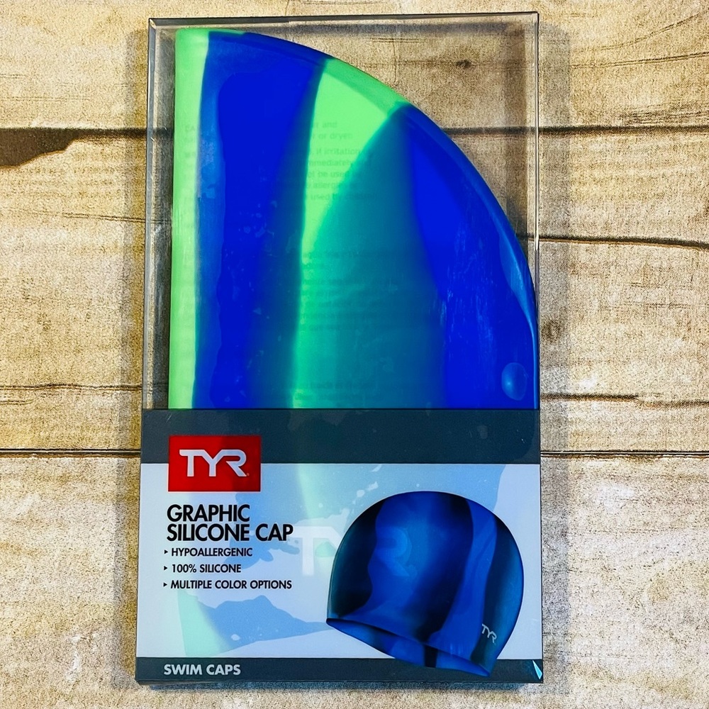 TYR Blue & Green Graphic Silicone Swim Cap Unisex